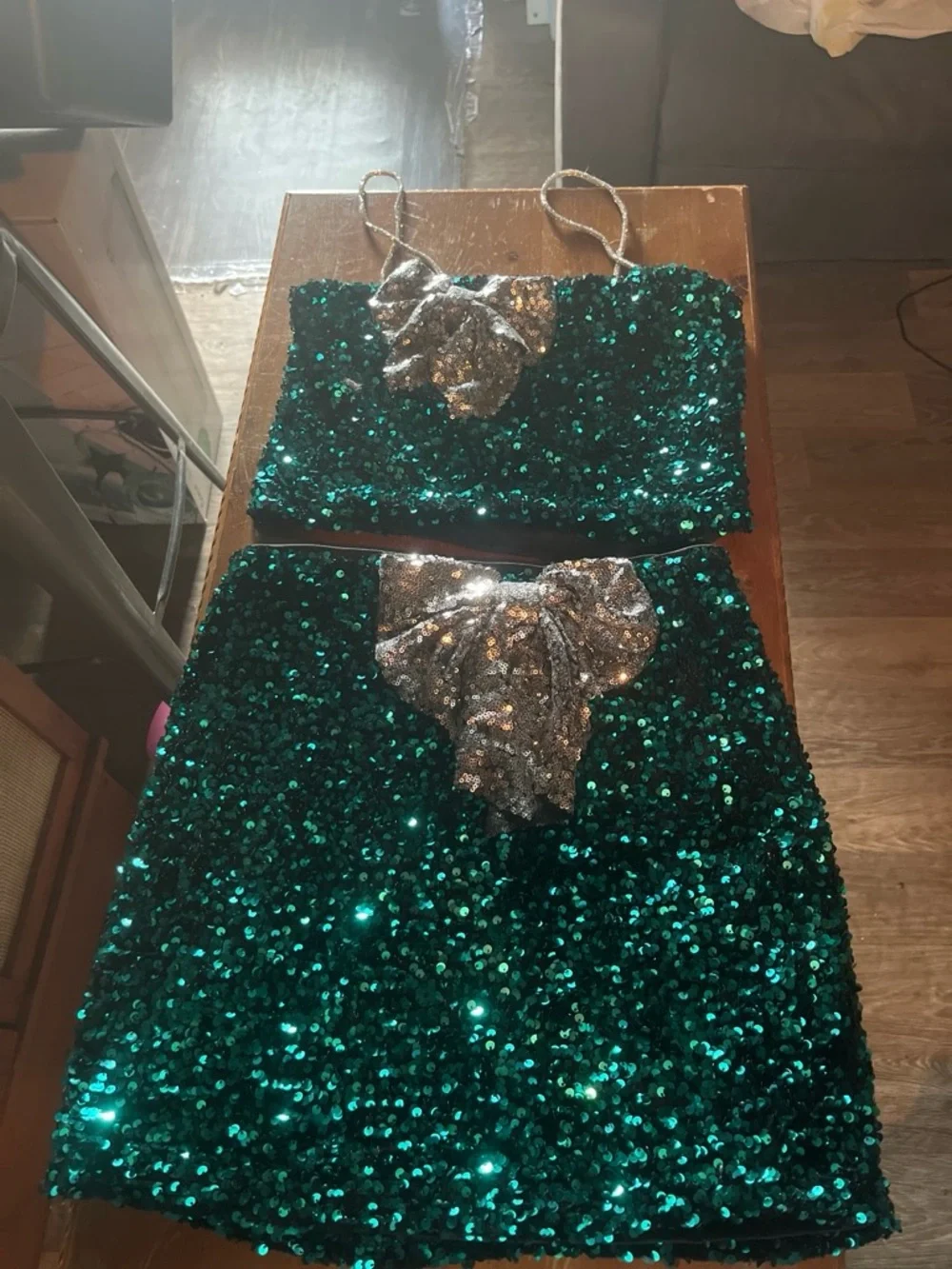 love on a hanger Green Sequin Two-Piece Set with Silver Bow Accent